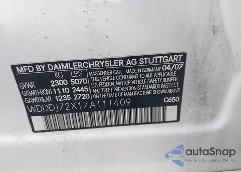 2007 Mercedes-Benz Cls 550 550 z USA, uszkodzony, nr VIN WDDDJ72X17A111409